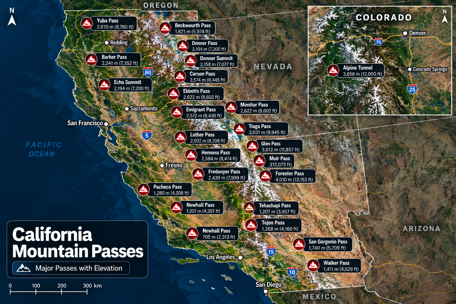 Topographical Map of California Mountain Passes