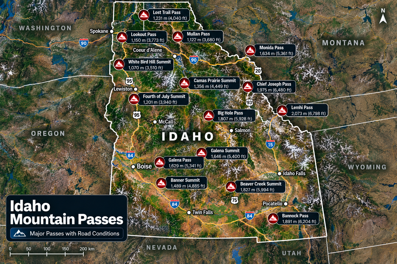 Topographical Map of Idaho Mountain Passes