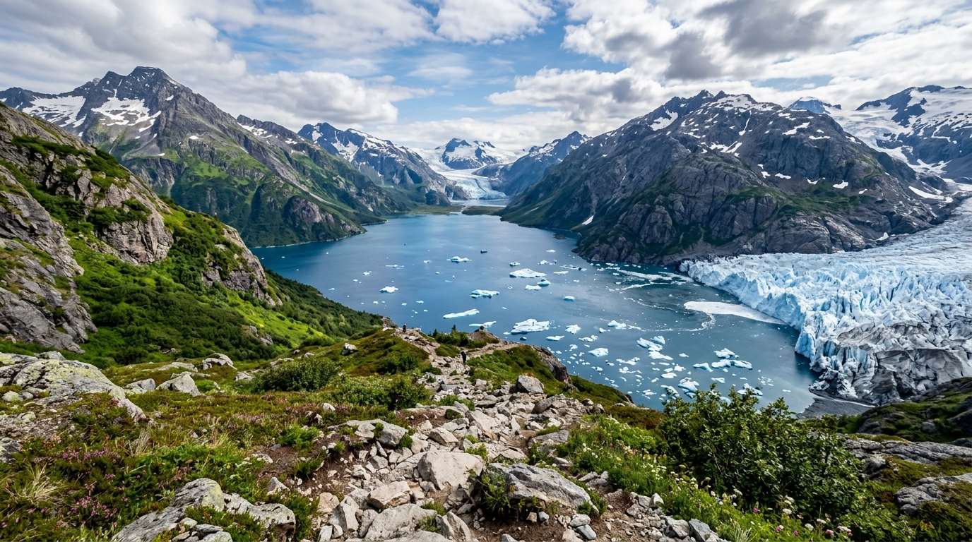 Portage Pass overlooking Portage Glacier and lake Alaska